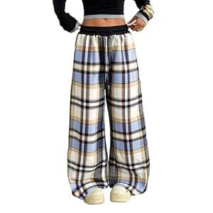 SOLY HUX Women's Plaid Checkered Pants Flannel Pajama Pants Lounge Wide Leg Baggy Sweatpants with Pockets Teal Blue Plaid Large