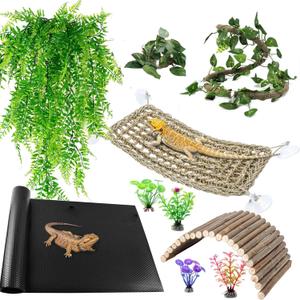 TankMatDecor Bearded Dragon Tank Accessories, Reptile Mat Hammock Plants Bridge Jungle Climber Vines Terrarium Decorations for Leopard Gecko Hermit Crab Lizard Snake (10 PCS with Reptile Mat)