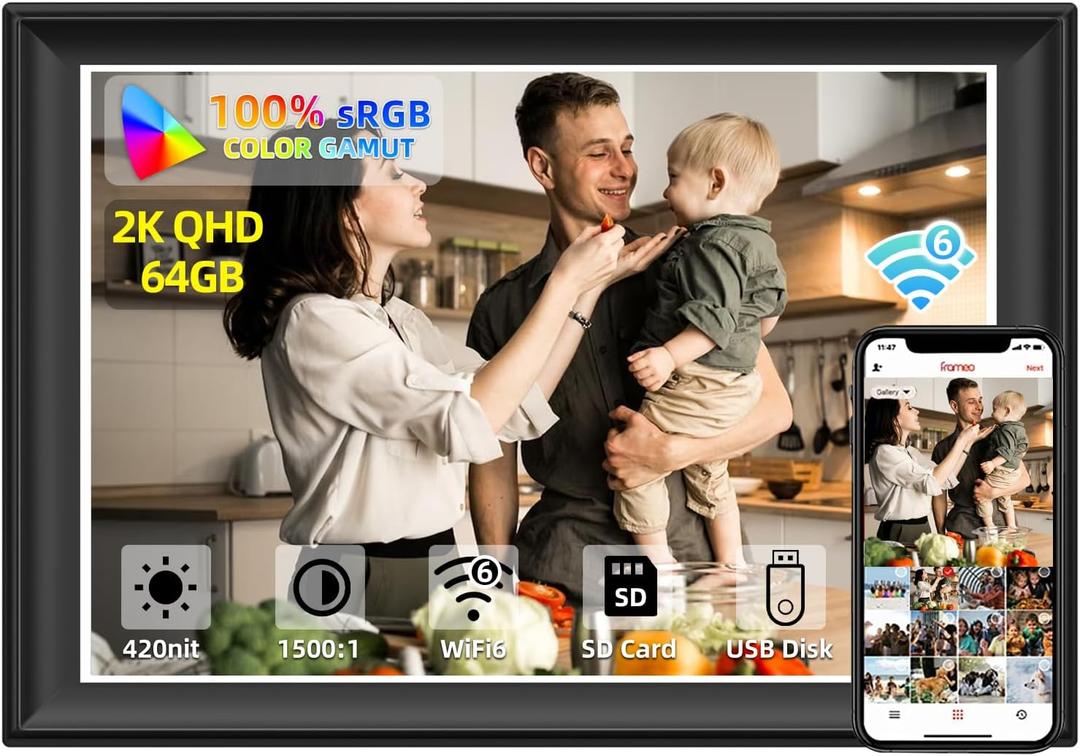 2K 64GB 11inch Digital Picture Frame WiFi6&5G Digital Photo Frame 1920x1280 FHD IPS Touch Screen 100% sRGB,Share Photos & Videos via Frameo App, Extend Storage by SD Card and USB Drive,Clock,Weather