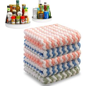 JOYMOOP Microfiber Cleaning Cloth, 5 PCS Kitchen Towels(10" x 10"), Absorbent Streak Free Lint Cleaning Cloths, Reusable and Washable Dish Rags with 12" and 10" Lazy Susan Organizer (Mixed [Pink+blue+green])