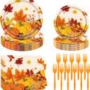 Fall Party Supplies - 96 Pcs Thanksgiving Paper Plates and Napkins, Forks, Pumpkin Autumn Disposable Tableware Set for Harvest Party Decorations