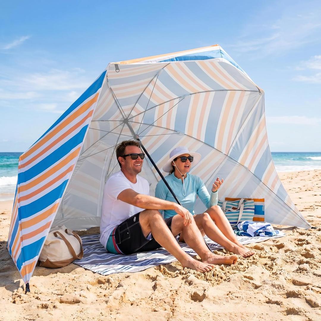 UPWELL Beach Tent Easy Set Up Canopy Sun Shelter Shade with UPF 50+UV Protection Portable Beach Umbrella Outdoor Sunwall with Sand Pockets for Fishing Backyard Camping(Holiday Glow), 10.5 ft x 8 ft