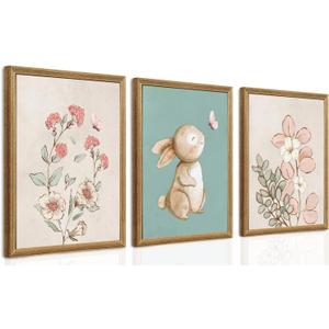 Watercolor Bunny Floral Wall Art Cute Animal Wall Decor for Nursery Kids Room, 3 Piece Art Prints with Wood Frames, 12x16 Inches Each, Wood Framed Easy to Hang, 16L" x 12W"
