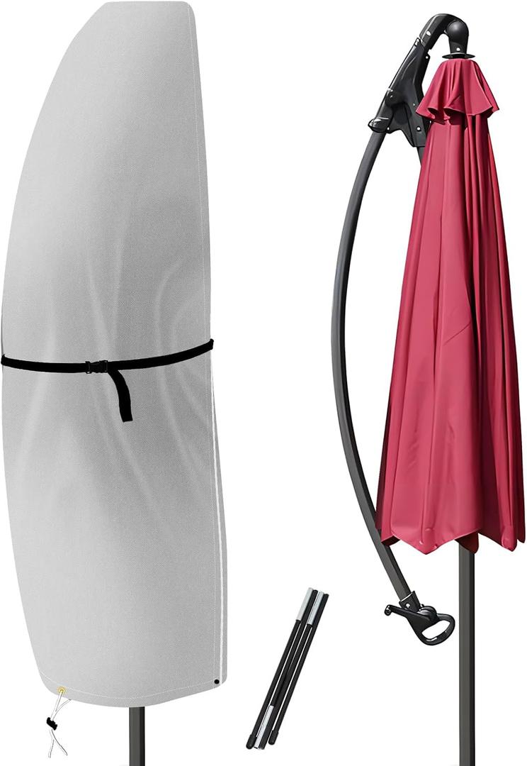 Patio Umbrella Parasol Cover for 7.5ft to 11.5ft Offset Umbrella, 600D Waterproof Outdoor Offset Umbrella Cover with Zipper and Rod, Fits Cantilever Offset Umbrella, Light Grey