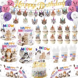 Cat Birthday Decorations Tableware 136Pcs Meow Happy Birthday Party Supplies Include Banner Plates Napkins Cups Forks Hanging Swirls Cupcake Toppers Cake Topper and Waterproof Tablecloth