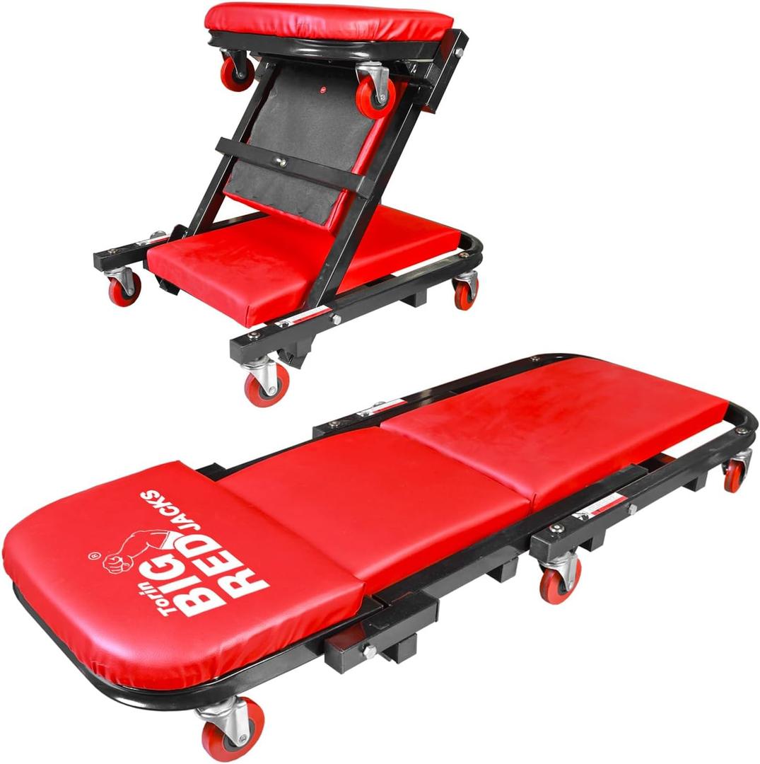 BIG RED ATW4015ZR Torin 40" Foldable Z-Creeper Seat2-in-1 Garage/Shop Creeper330 lbs CapacityLow Profile Creeper with 6 pcs Wheels for Auto RepairGarage and ShopLay Down or SitRed