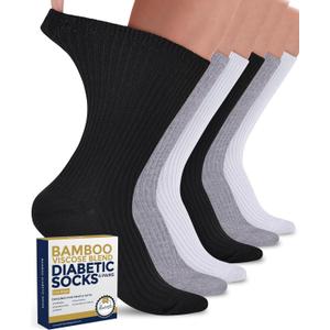 Pembrook Ribbed Knit Bamboo Viscose Diabetic Socks - 6 Pairs Crew Neuropathy Socks for Women | Diabetic Socks for Women (Large, 2 White / 2 Gray / 2 Black - 6 Pairs)