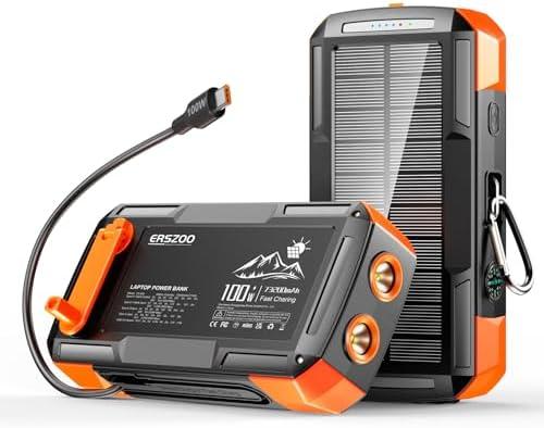 Solar Charger Power Bank 73200mAh, Portable Laptop Charger with 100W USB-C in/Output, Built-in Cables, Hand Crank Power Bank for Mobile Phones, Ideal for Outdoor Use with SOS/Strobe/Strong (orange)