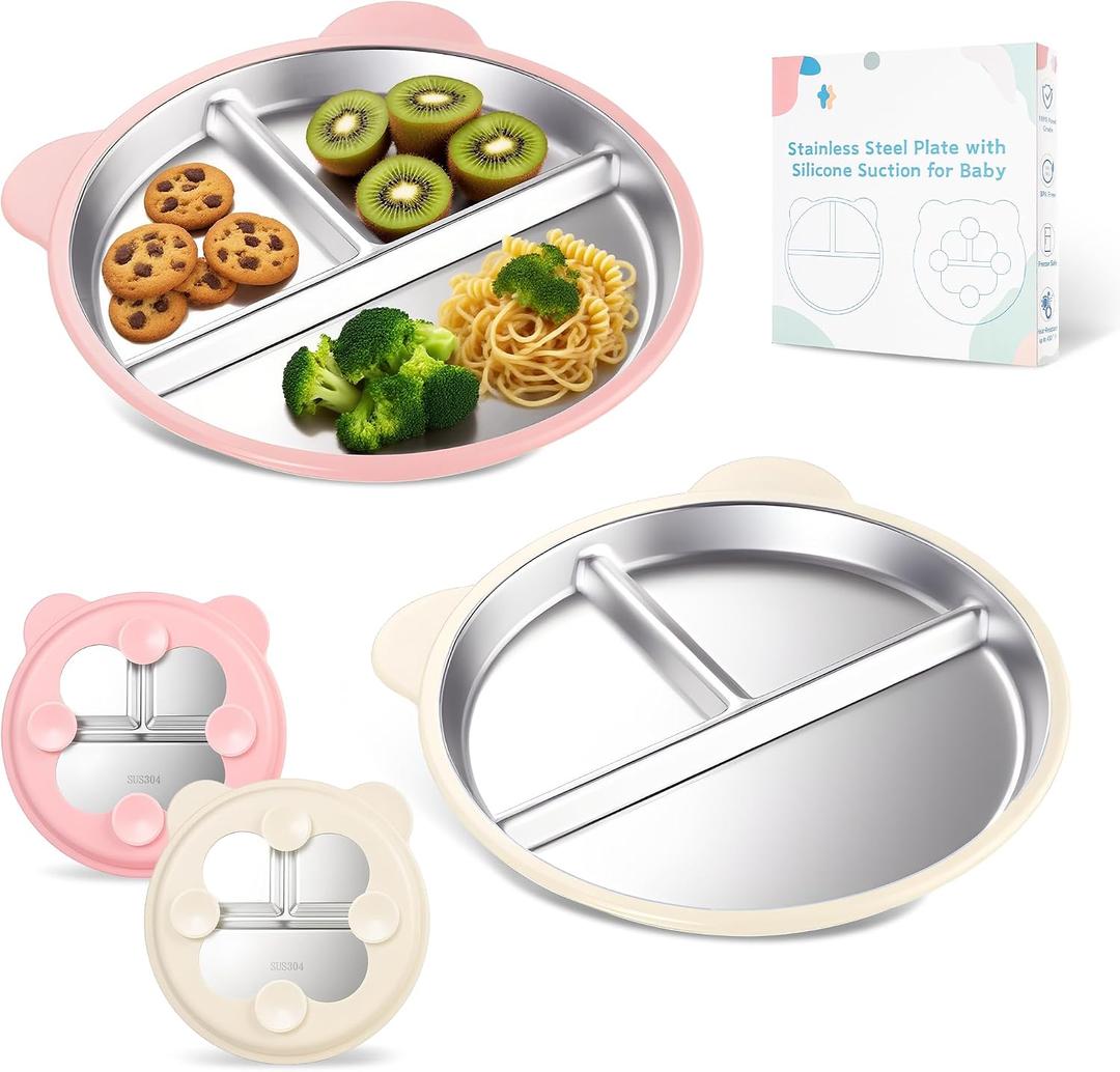 Stainless Steel Kids Plate with Suction Set of 2, 9 Toddler Divided Plates with Removable Non Slip Silicone Sleeves, Unbreakable Baby Snack Dishes, BPA Free, Beige & Light Pink
