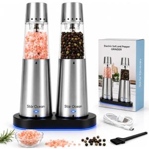 StarOcean Rechargeable Electric Salt and Pepper Grinder Set with USB-C Charging Base, Stainless Steel Automatic Gravity Grinders, 5 Adjustable Coarseness, Kitchen Gift