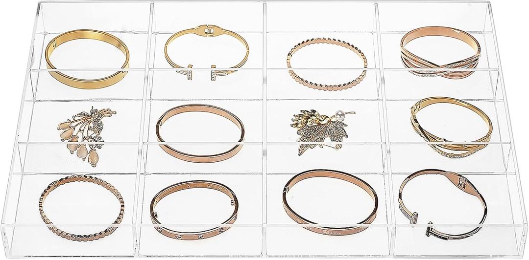 Large Clear Jewelry Organizer Display Tray, Storage Case for Rings, Earrings, Necklaces, Acrylic Drawer Organizer Trays (12 Grids)