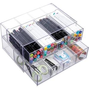 Yesesion Clear Office Organizer Drawer for Desk, 2 Pack Plastic Pen and Pencil Holder with Adjustable Compartment, Large Desk Accessories Display Caddy for Home, Cabinet, Bathroom (Type B - 2 Pack)