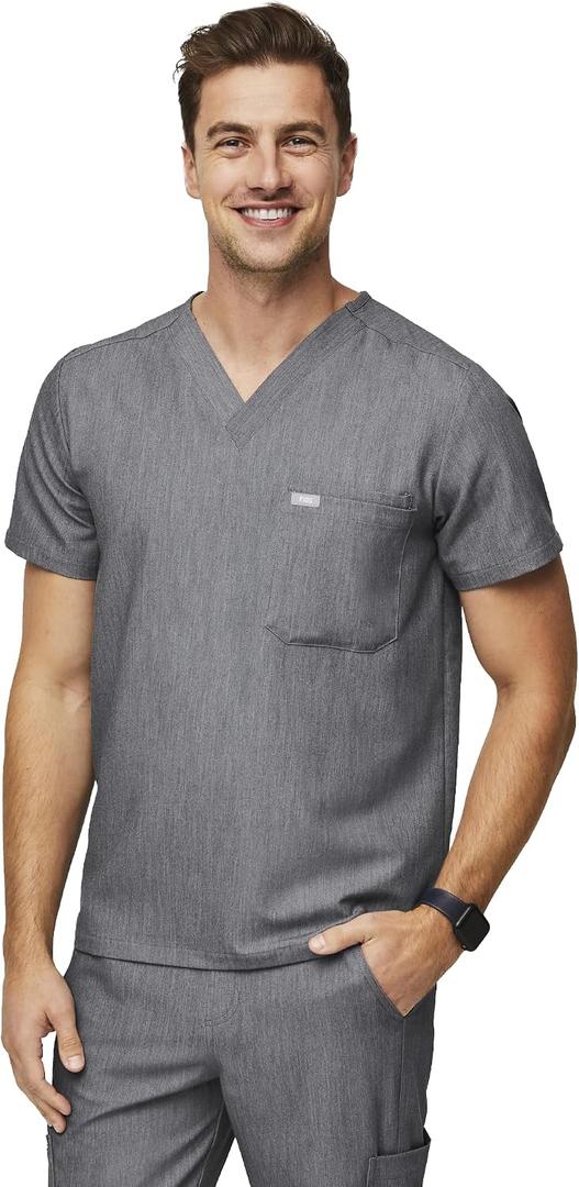 FIGS Leon Scrub Top for Men 3 Pockets, Tailored Fit, Modern V-Neck, 4-Way Stretch, Moisture-Wicking (Gray, S)