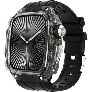 Luxury Translucent Smartwatch Case for Apple Watch Series 10 46mm, Fully Wrapped Lightweight Rugged case with Band, Silicon Strap, Stainless Steel Buttons, Protective Cover for Men/Women (Black)