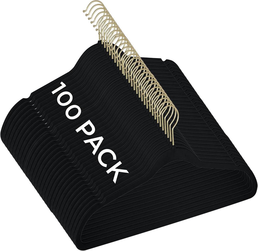 Simplify Slim Velvet Gold Hook Clothes Hangers 100 Pack | Non-Slip | Shirts | Suit | Pants | Dresses | Garments | Closet Storage & Organization | Durable | Black