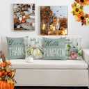 Fall Throw Pillow Covers 18x18 Autumn Give Thanks Pillow Case Set of 4 Hello Pumpkin Happy Harvest Thanksgiving Outdoor Cushion Cases for Sofa Couch (Blue)
