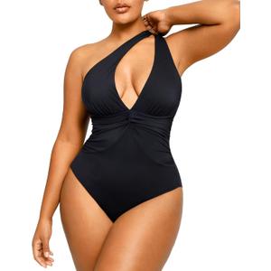 SHAPELLX Women's One Piece Swimsuit Tummy Control Ruched Full Coverage Bathing Suit V Neck Slimming Swimwear (Large, Black)