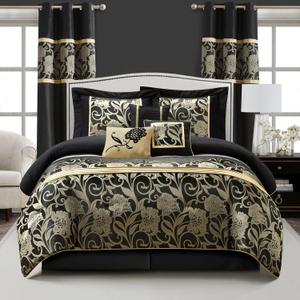 Stratford Park Black and Gold Comforter Set King Size, 9 Piece Jacquard Floral Bedding Set, All Season, Ultra-Soft, Matching Pillows & Shams, Bed Skirt, Curtains
