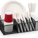 Utensil Caddy with Handle, Metal Paper Plate Holder for Kitchen Counter, Silverware Cutlery Caddy Organizer Flatware Storage for Plastic Spoon Fork Plates Napkins Cup Party Camping Black