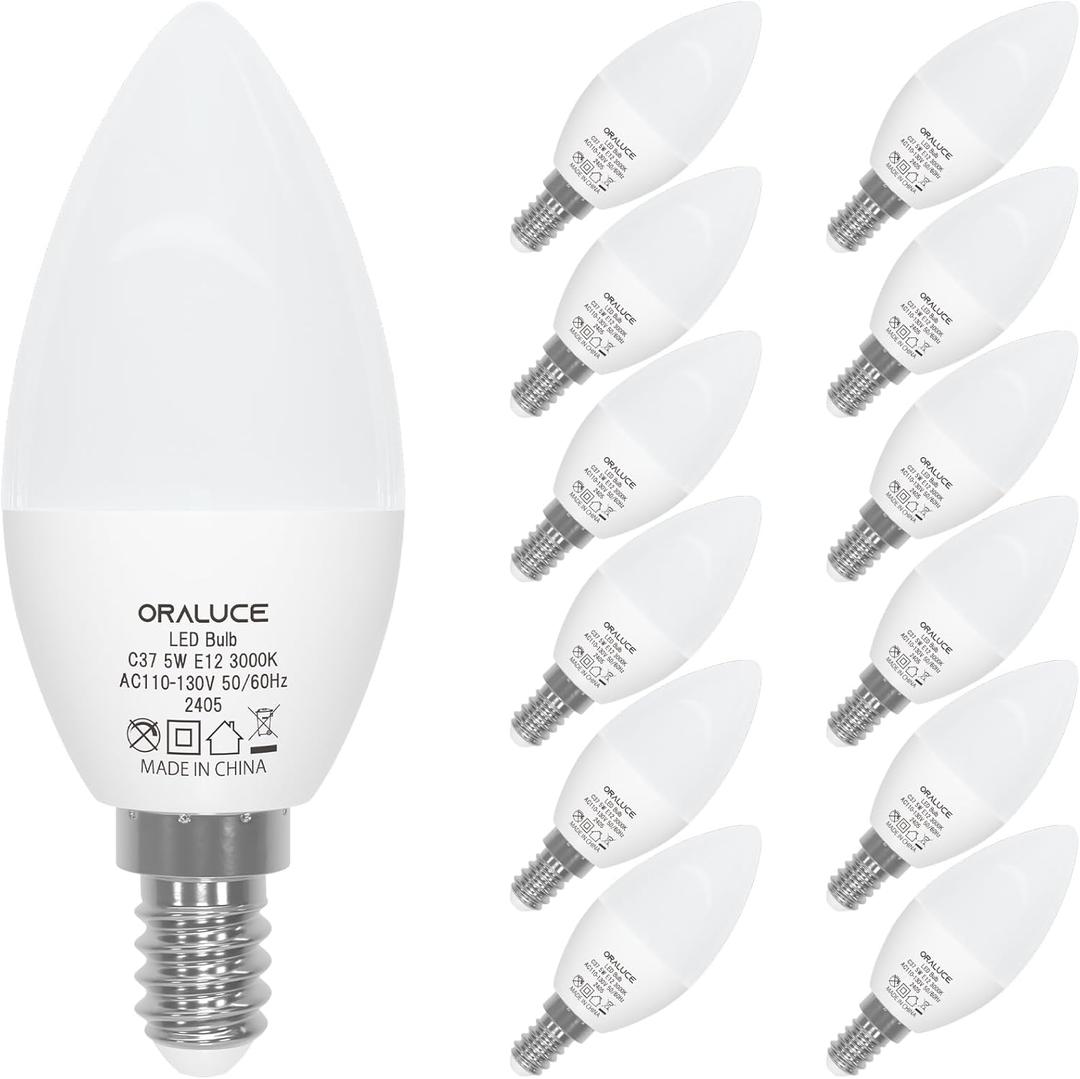 ORALUCE E12 LED Bulb 40 Watt Equivalent, 3000K Warm White Candelabra LED Light Bulbs Non-dimmable, Chandelier Light Bulbs Type B for Ceiling Fan, 5W 500LM Pack of 12 