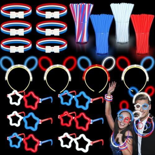 180 Pcs 4th of July Light Up Party Favors, 12 Red White Blue Star Glasses 6 Headbands 12 Bracelets 150 Patriotic Glow Sticks Bulk with Connectors Glow in the Dark Party Supplies Memorial Day Decor