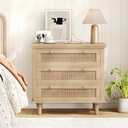 Irontar Rattan Nightstand with Charging Station, 27.6" Wide Bedside Table with 3 Large Drawers, Wooden End Table with Solid Wood Legs for Bedroom, Dorm, Natural BZZ011ME