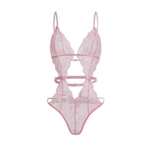 RoseSeek Women's Lace Mesh Floral Bodysuit Cut Out Backless Body Suit Lingerie Outfits Pink Small