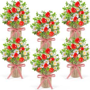 6 Pack Small Strawberry Table Centerpiece Artificial Potted Strawberry Flowers in Burlap Bag Vases Fake Strawberry Daisy Plants for Mother's Day Spring Summer Home Farmhouse Tiered Tray Display Decor