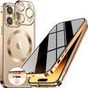 [CD Metal Ring & Safety Lock Full Body Privacy Case for iPhone 14 Pro [Compatible with MagSafe] [Integrated Lens Protection] Slim Metal Plating Bumper Clear Back Double-Sided Cover-Gold