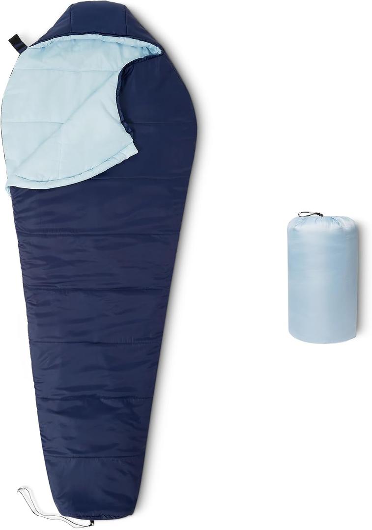 Amazon Basics Sleeping Bags for Adults, Camping Essentials, 3 Season Warm & Cool Weather, 1 Person