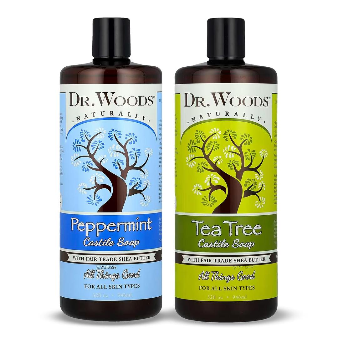 Dr. Woods Liquid Castile Soap, Tea Tree & Peppermint - 32 Oz, Pack of 2 | Body Wash for Men and Women, Contains Organic Shea Butter, Natural Cleanser for Face, Hands, & Body, Pure Tea Tree Oil