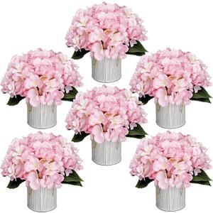 Flower Table Centerpieces - Set of 6 Floral Arrangement Artificial Wedding Hydrangeas Floral Arrangement with Rustic Metal Vase for Bridal Tea Party Event Decorations - Pink