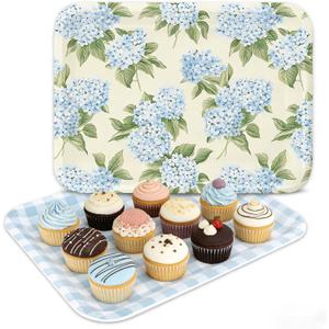 2 Pcs Hydrangea Flower Serving Trays Melamine Platter Spring Summer Blue Plaid Floral Serving Dishes for Party Sharing Snack Fruit Dessert Supplies, 10 x 13 Inch