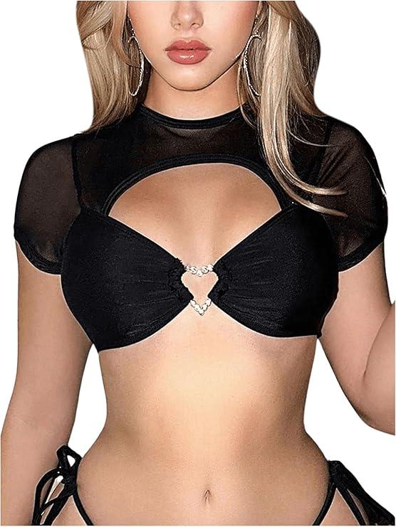 Women's Short Sleeve Sheer Bikini Top Rhinestone Shiny Cut Out Micro Crop Tops Swimwear Size M