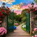 7x5FT Spring Summer Garden Backdrop Floral Nature Landscape Blooming Flowers Green Classical Door Background for Spring Birthday Party Wedding Baby Shower Decoration Vinyl