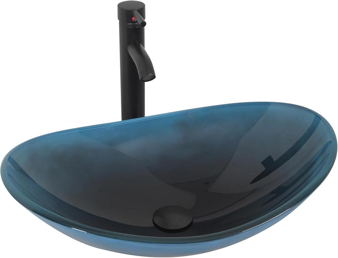 YOURLITE Bathroom Sink,Boat Shape Bathroom Glass Vessel Sink with Faucet and Pop-Up Drain Bowl Vessel Sinks for Bathrooms, Deep Blue