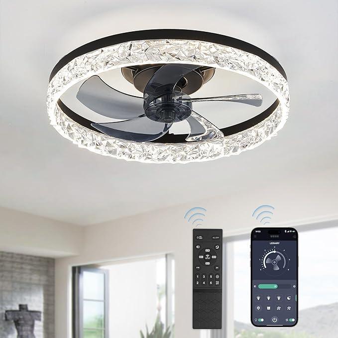 LEDIARY 20" Modern Ceiling Fans with Lights and Remote, Dimmable Low Profile Ceiling Fan, Flush Mount Ceiling Fan, Stepless Color Temperature Change and 6 Speeds - Black