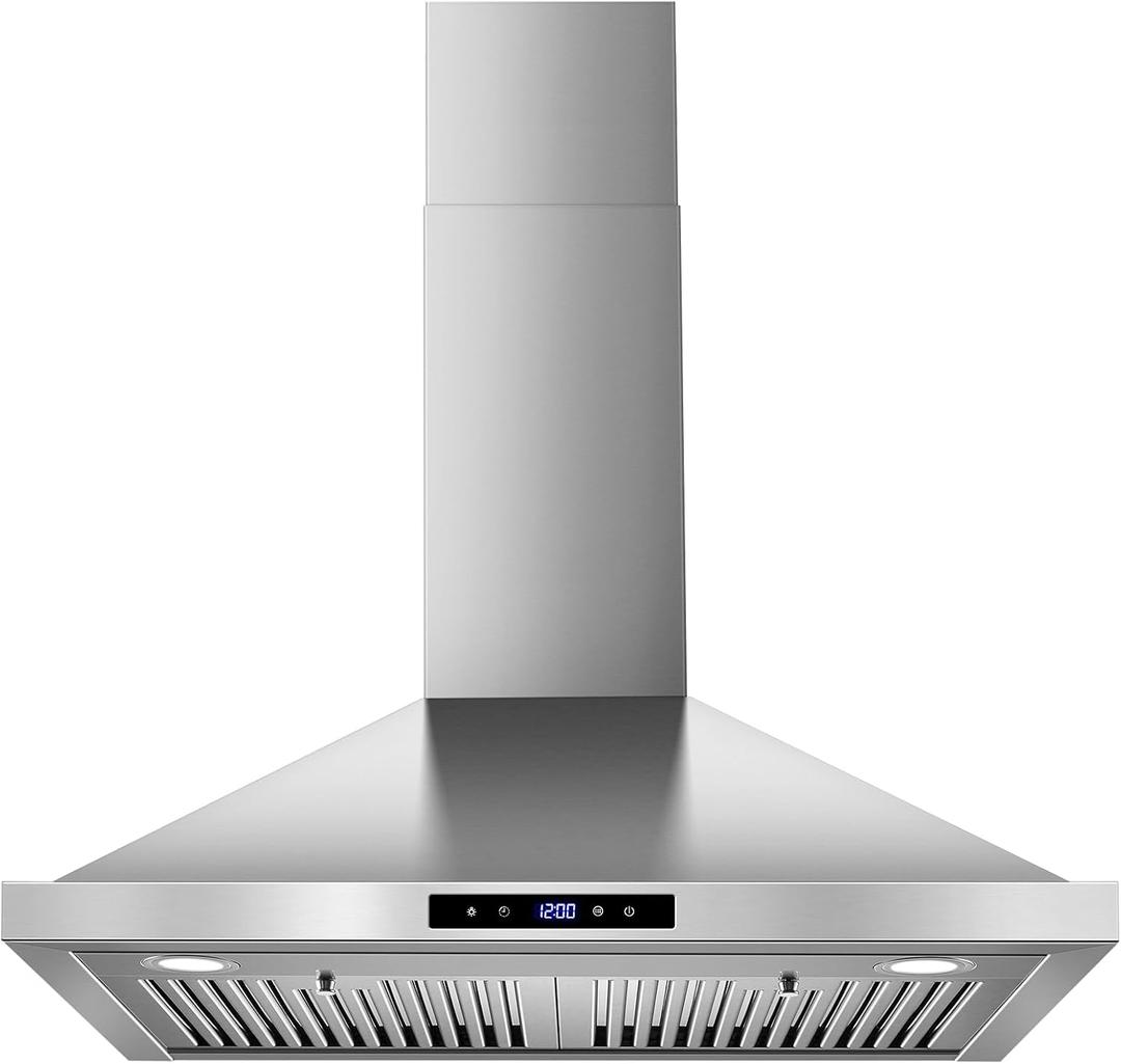 Tieasy Wall Mount Range Hood 30 inch Kitchen Hood 700 CFM with Ducted/Ductless Convertible Duct, Touch Control, Permanent Filters, Stainless Steel, 3 Speed Exhaust Fan, LED Light