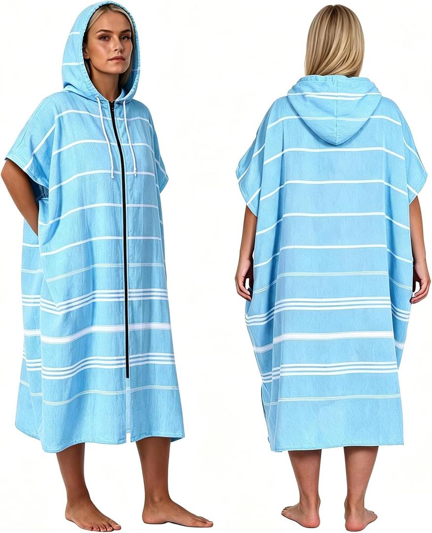 1pcs Zipper Surf Poncho Cotton Turkish Towel Beach Cover Up Changing Robe with Hood and Front Pocket Absorbent Wearable Towel Hooded Beach Towel for Adult Man Women Beach Pool (Blue, L)