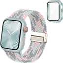 Magnetic Braided Stretchy Bands Compatible for Apple Watch Band and Case, Nylon Elastic Solo Loop with Screen Protector Cover for iWatch Series 10 9 8 7 6 5 4 3 11 SE 2 1 - Blue Gray Pink 40mm