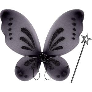 Sratte Fairy Princess Butterfly Wings Girls Kids Butterfly Costumes Set Star Wands Adults Christmas Birthday Party (Black)