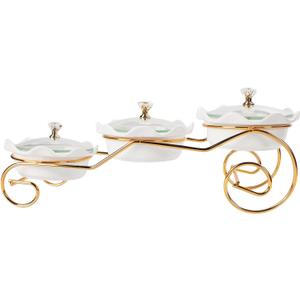 Ceramic Serving Bowls with glass Lids and metal Platter, 3 Removable Dipping Bowls Relish Tray Nuts Dishes for Appetizer, Fruits, Candy & Condiment, Perfect for Party Entertainment