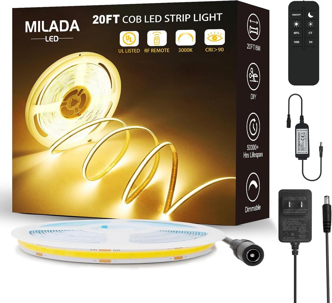 20FT/6M COB LED Strip Light 3000K Warm White High Lumen Dimmable Strip Paired with RF Remote 24V Ul Certified Adapter Suitable for Bedroom Cabinets