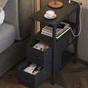 Narrow Side Table for Small Spaces, Skinny End Table with Charging Station, Sofa Beside Table with 2 Fabric Drawers and 1 Open Compartment, Slim Nightstand with USB Ports Outlet, Black UTBT004B