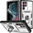 for Samsung Galaxy S22 Ultra Case Military Grade Drop Shock Protection Cell Phone Cover with Slide Camera Cover Built-in 360 Rotate Ring Stand for S22 Ultra 6.8 - White