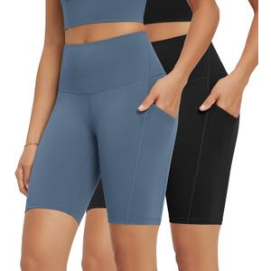 ODODOS 2-Pack High Waist Workout Shorts with Pockets for Women 6"/8" Inseam Tummy Control Gym Athletic Biker Shorts (XS)