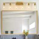 Jonsi Brushed Gold Bathroom Light Fixtures, 6-Light Brushed Gold Vanity Light, Bathroom Vanity Light with Stripe Glass Shade, E26 Wall Sconces Over Mirror for Bathroom, Living Room, Hallway