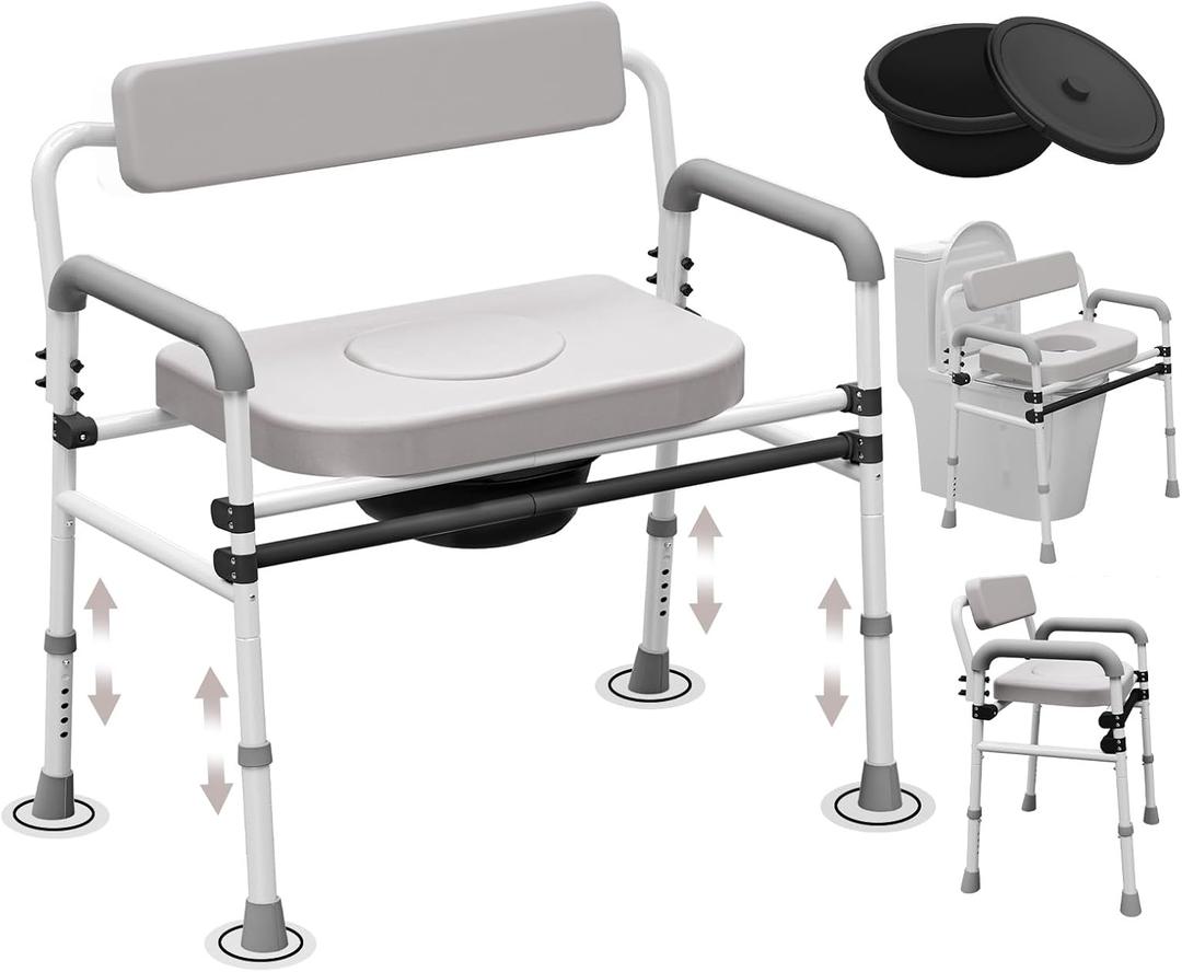 Adjustable Medical Bedside Commode Chair with Padded Backrest, Drop Arm Support, Height Adjustable, Gray (Grey toilet chair)