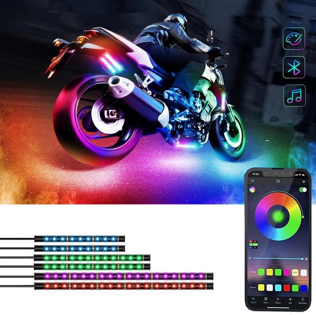 6 Pcs Motorcycle LED Light Kits, App Control Multicolor Waterproof Motorcycle LED Strip Lights, Music Sync & Multiple Scene Modes RGB LED Lights for Motorcycles, DC 12V