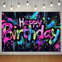 Neon Happy Birthday Banner - 71x43 Photography Backdrops, Party Background Decorations, Colorful Graffiti Splash Paint Kids Birthday Supplies, Glow in The Dark